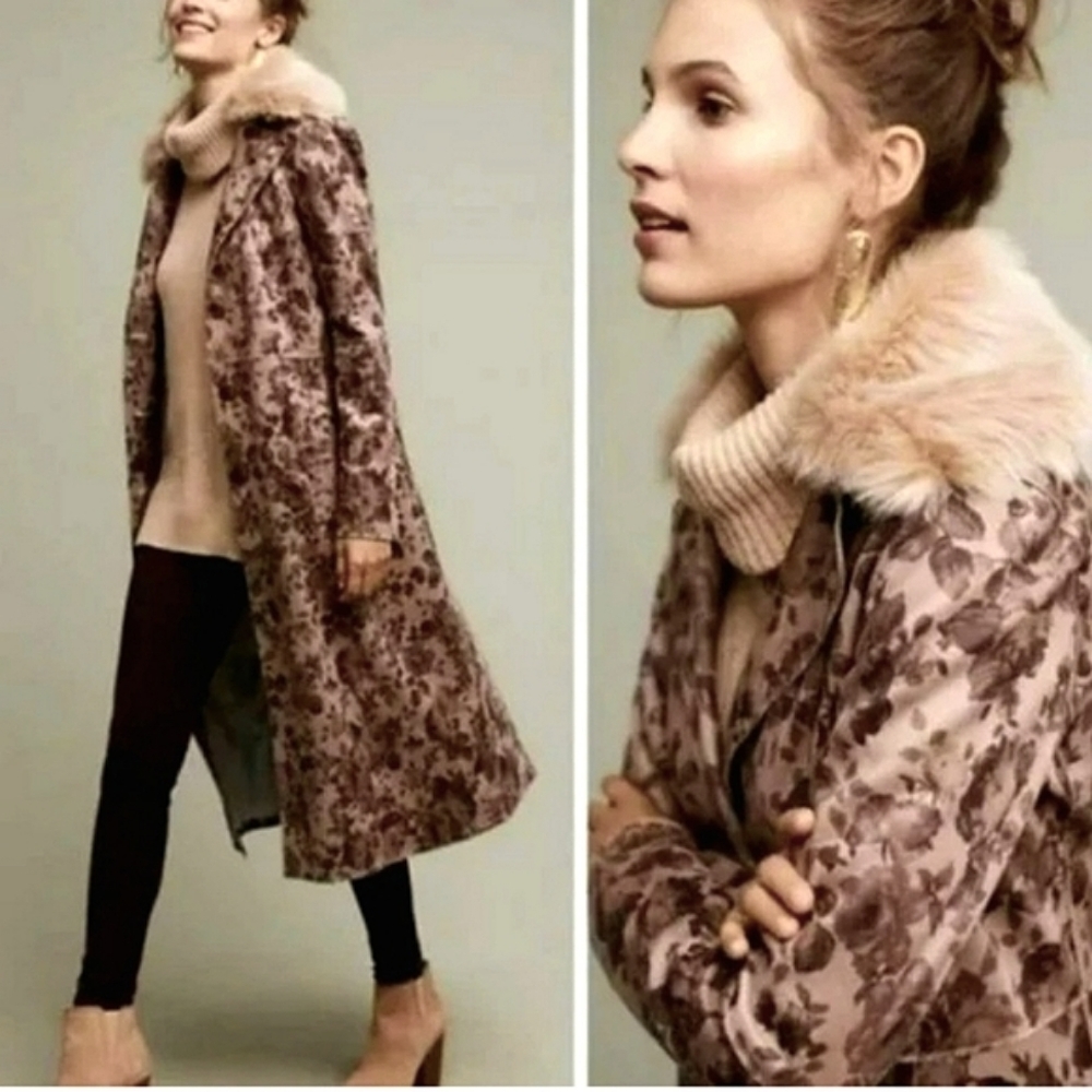 Elevenses Vintage Floral Rose Suede Duster Trench Coat w Fur Trim